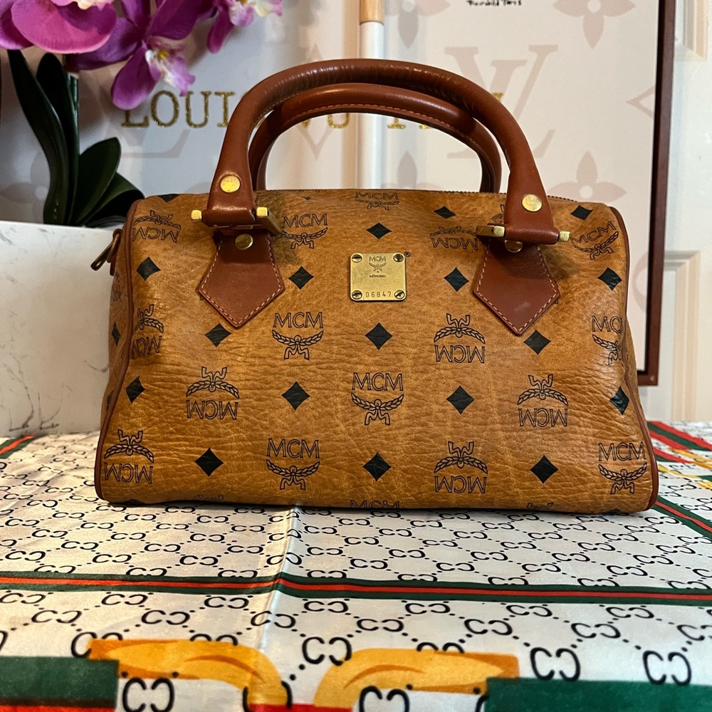 MCM Tan and Brown Logo Handbag